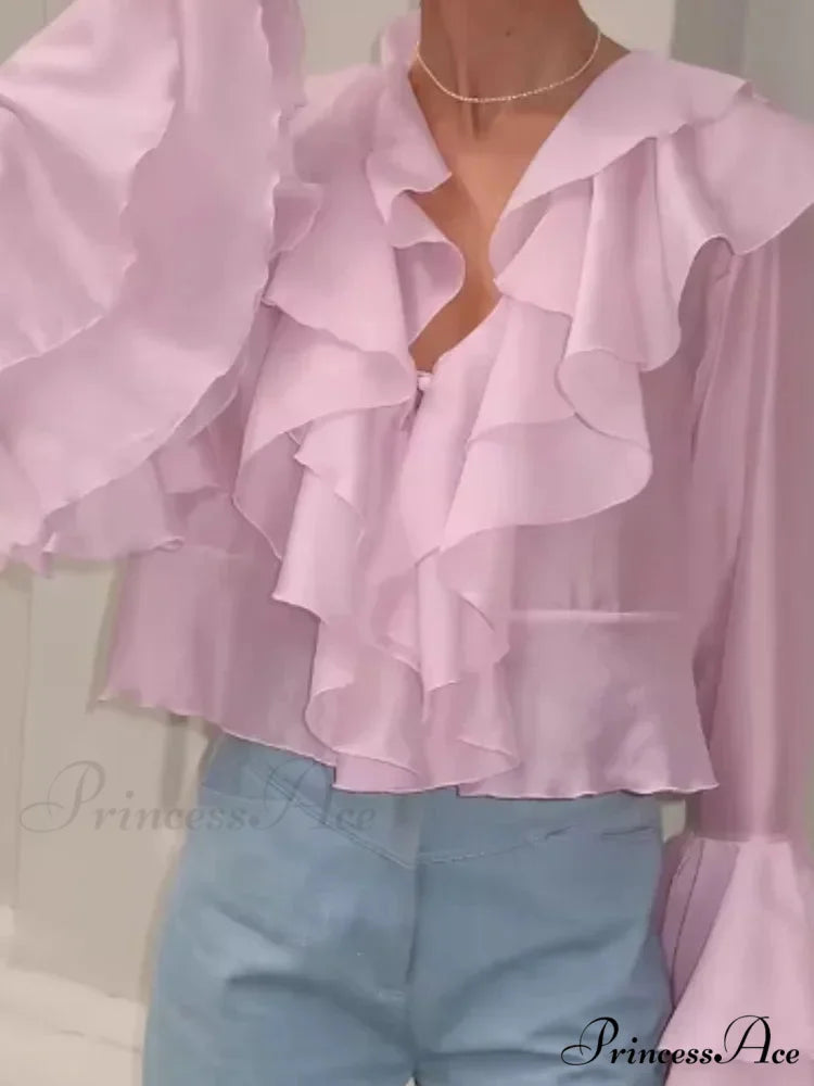 Frills V Neck Rose Chiffon Blouse blouse-250223
