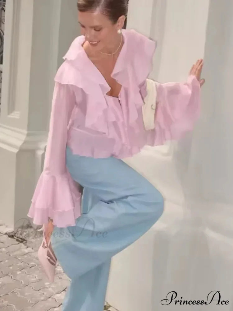 Frills V Neck Rose Chiffon Blouse blouse-250223