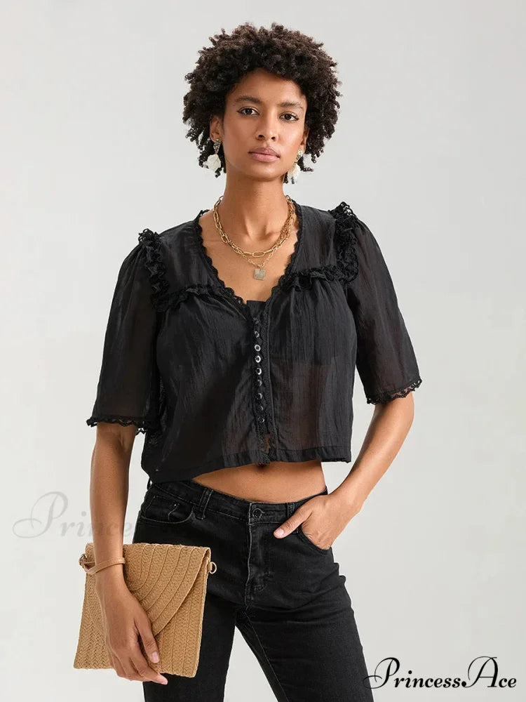 Frilly Frill Plunge Button Informal Baggy Crop Shirt BLACK / XS croptop-250126