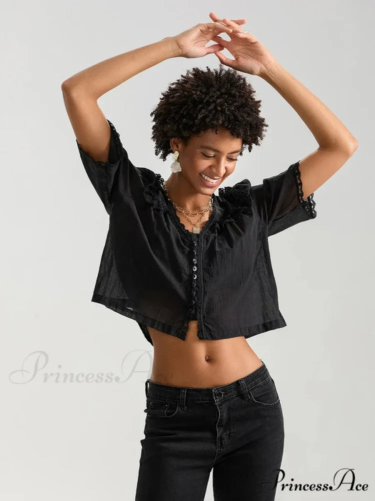 Frilly Frill Plunge Button Informal Baggy Crop Shirt croptop-250126