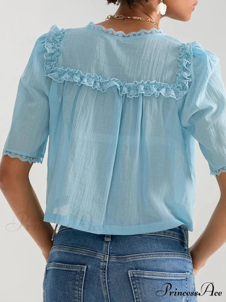Frilly Frill Plunge Button Informal Baggy Crop Shirt croptop-250126