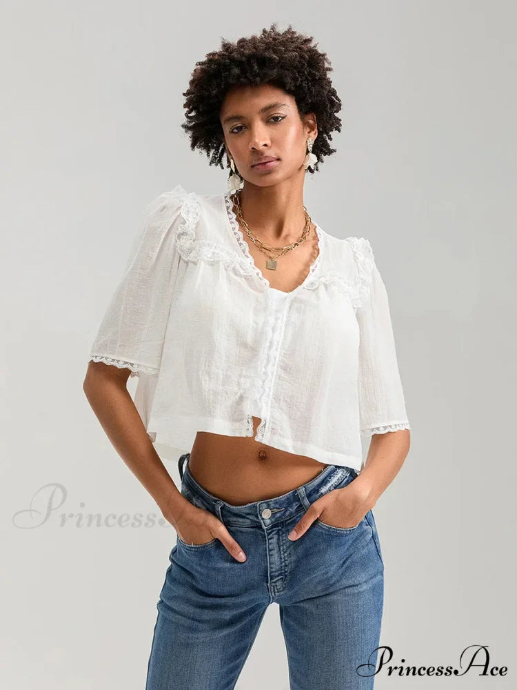 Frilly Frill Plunge Button Informal Baggy Crop Shirt croptop-250126