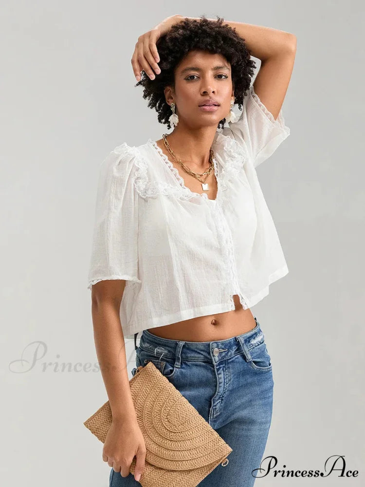 Frilly Frill Plunge Button Informal Baggy Crop Shirt croptop-250126