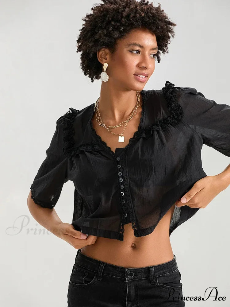 Frilly Frill Plunge Button Informal Baggy Crop Shirt croptop-250126