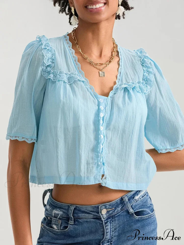 Frilly Frill Plunge Button Informal Baggy Crop Shirt croptop-250126