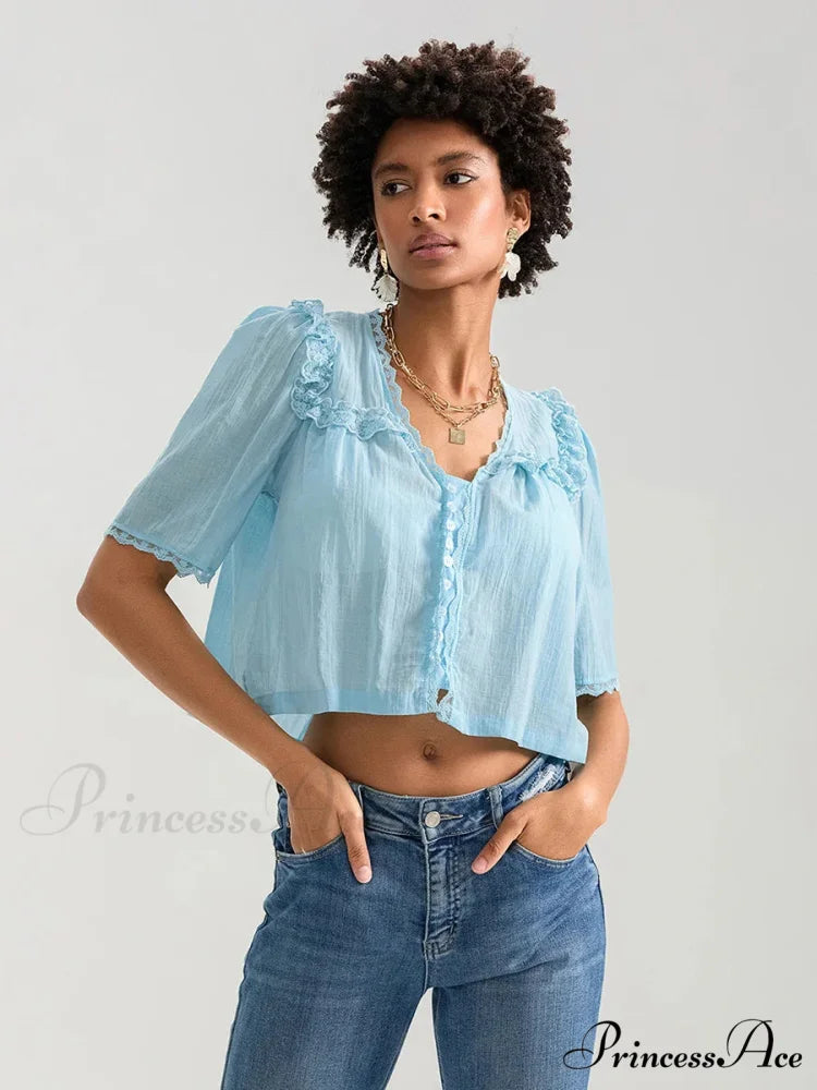 Frilly Frill Plunge Button Informal Baggy Crop Shirt LIGHT BLUE / XS croptop-250126
