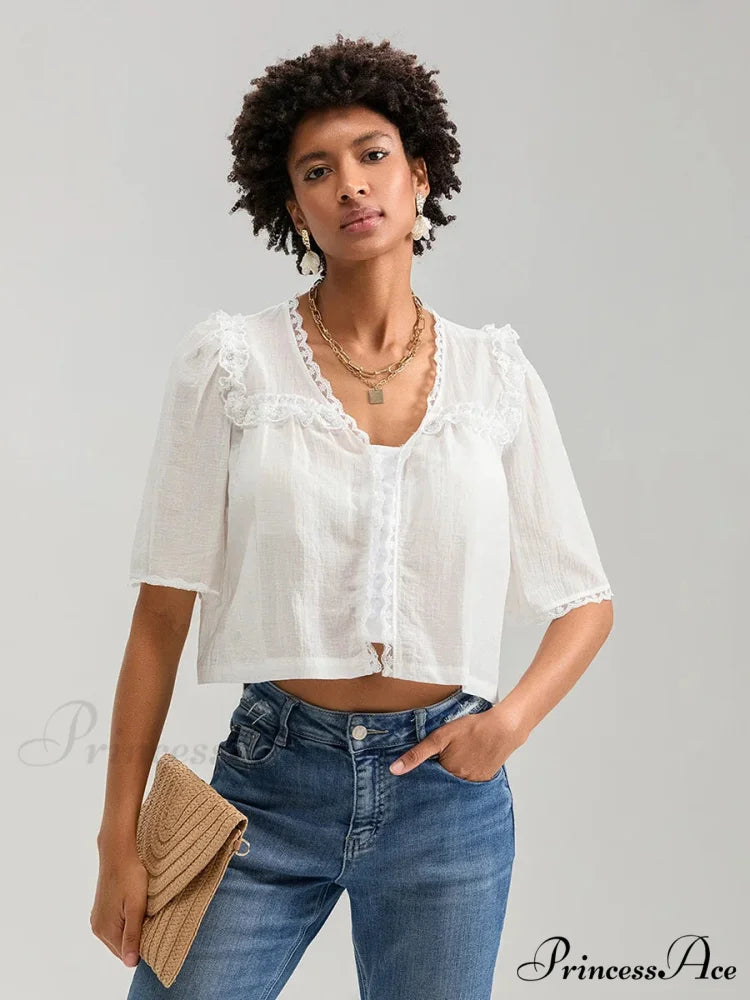 Frilly Frill Plunge Button Informal Baggy Crop Shirt WHITE / XS croptop-250126