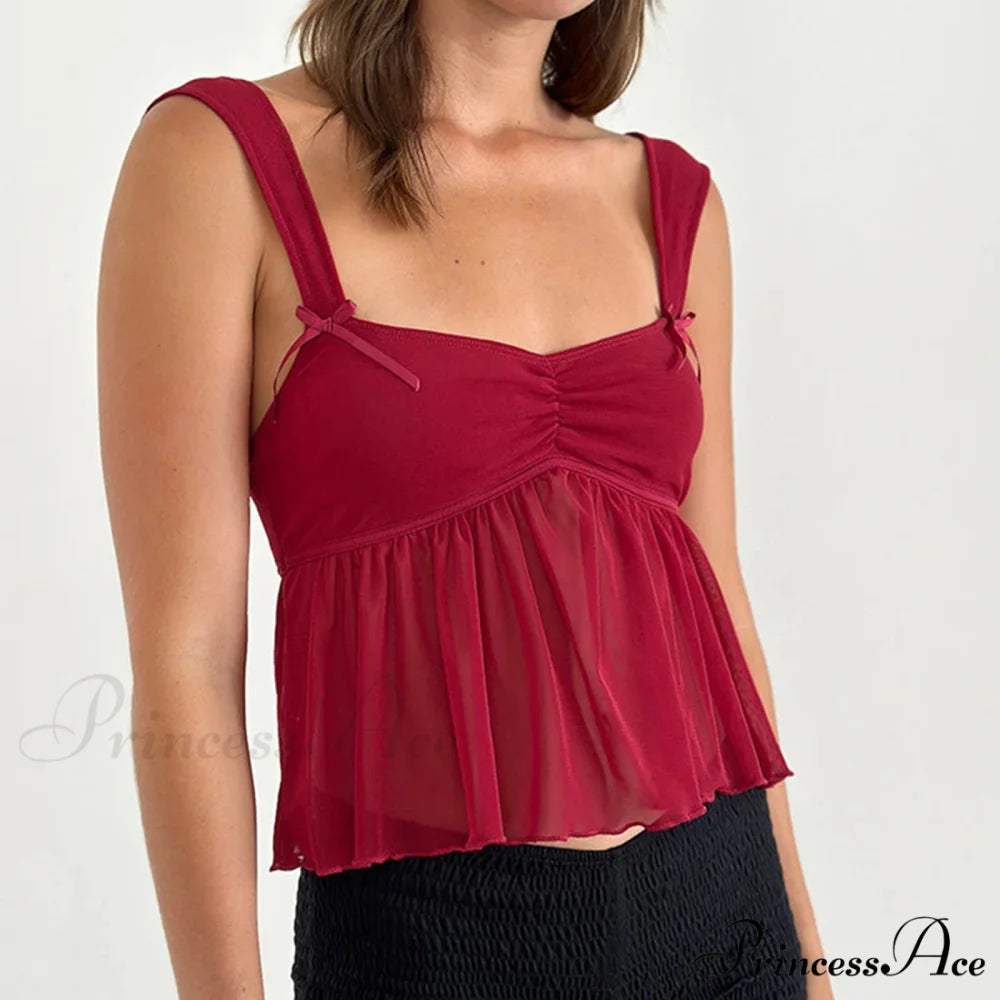 Frilly Hem Transparent Mesh Crop Top Red / S croptop-250223