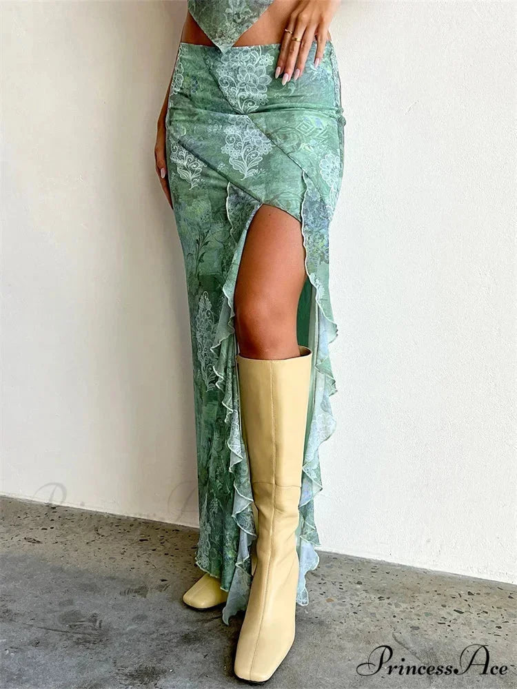 Frilly Mesh Flowery Low Waist High Split Bohemian Skirt Emerald Green / S skirt-250126