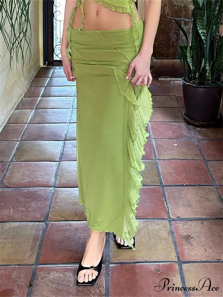 Frilly Mesh Flowery Low Waist High Split Bohemian Skirt Green / S skirt-250126