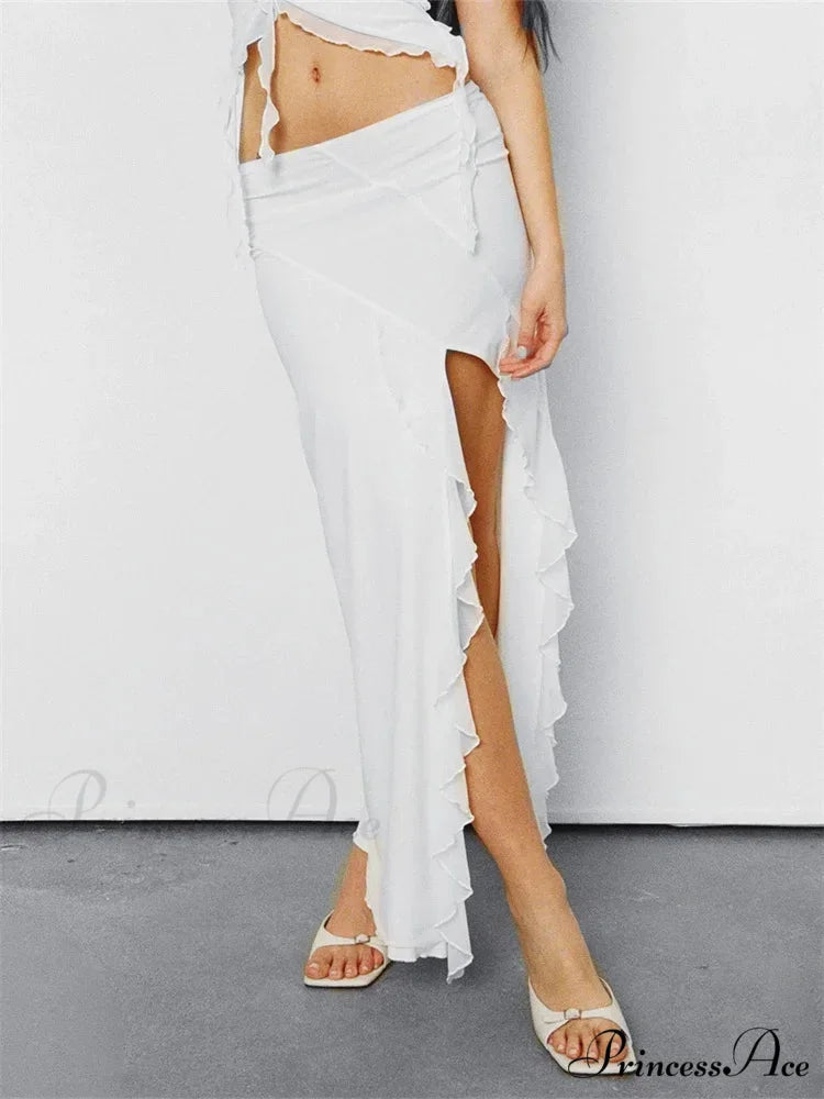 Frilly Mesh Flowery Low Waist High Split Bohemian Skirt WHITE / S skirt-250126