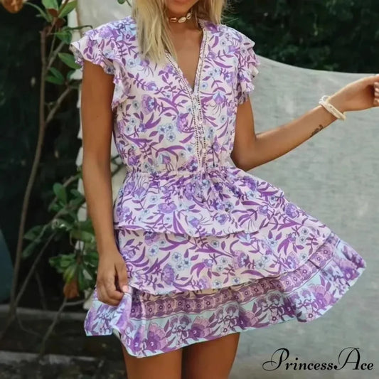 Frilly Sleeve Flowered Seaside Bohemian Short Dress Purple / S bohodress-250126