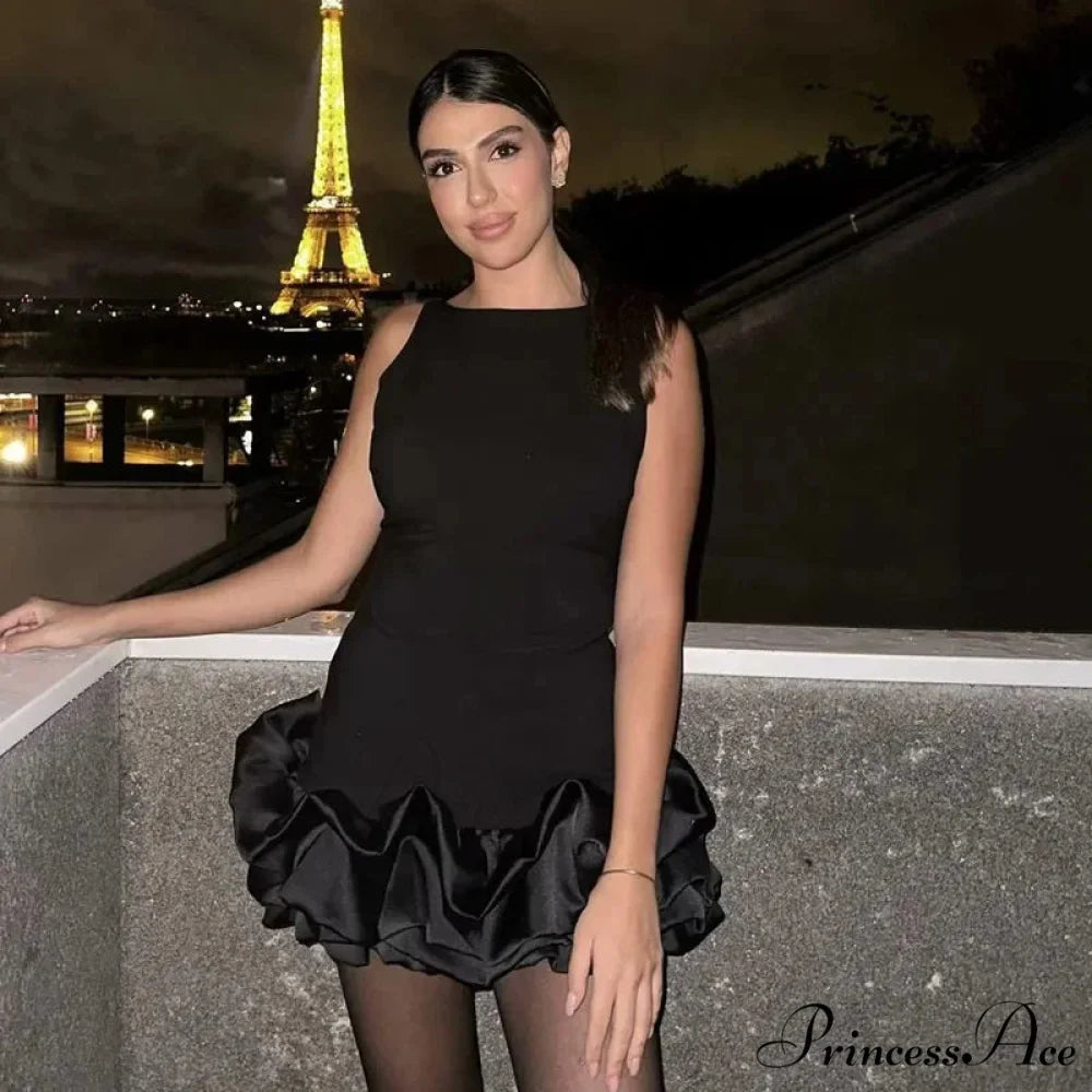 Frilly Sleeveless Form-Fitting Ivory Ebony Crimson Short Dress Black / XS minidress-250223