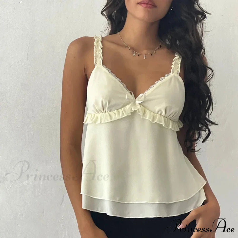 Frilly Spaghetti Strap Chiffon Flounced Crop Top WHITE / S croptop-250126