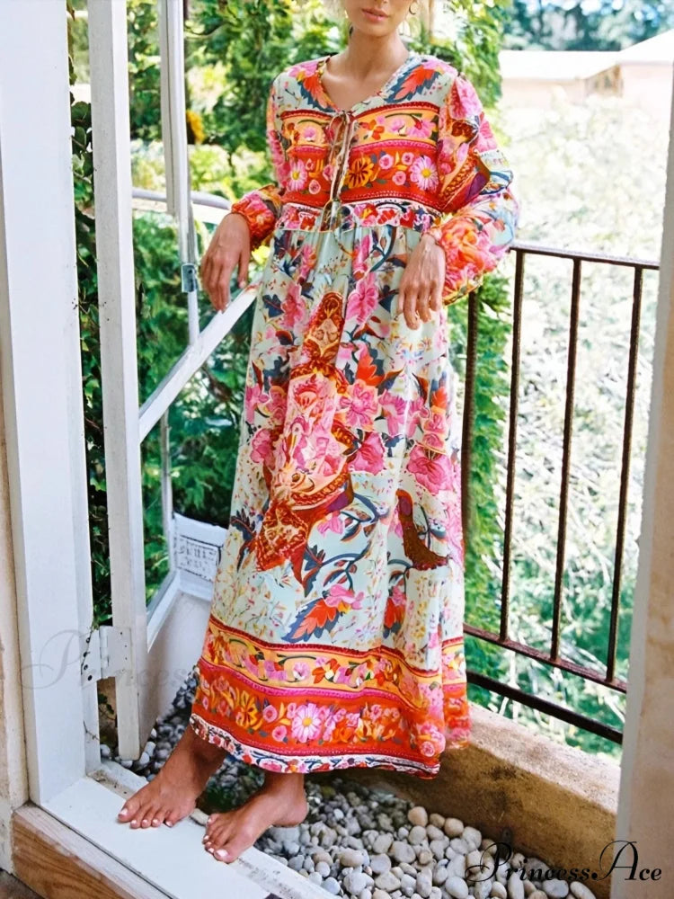 Fringe Crimson Flower Pattern Rayon Cotton Pleated Extended Maxi Boho Sundress Red / S bohodress-250126