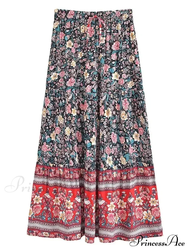 Fringe Flower Pattern Seaside Bohemian Pleated Maxi Skirt Woman skirt-250126