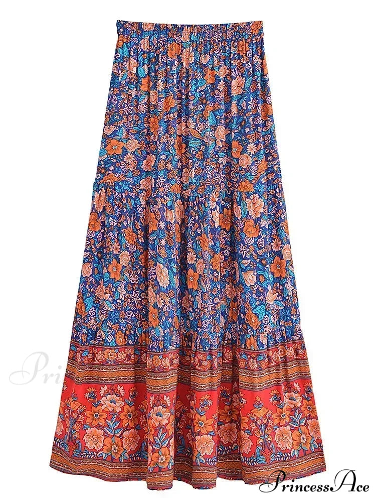 Fringe Flower Pattern Seaside Bohemian Pleated Maxi Skirt Woman skirt-250126