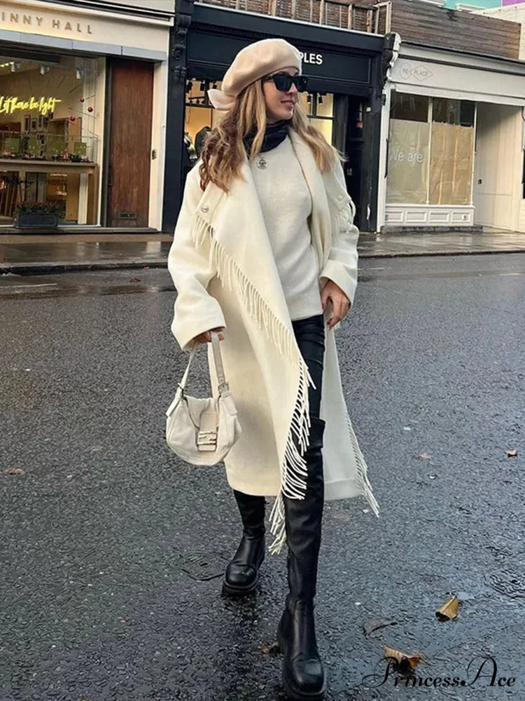 Fringe High-neck Asymmetrical Fasten Coat overcoats-241228