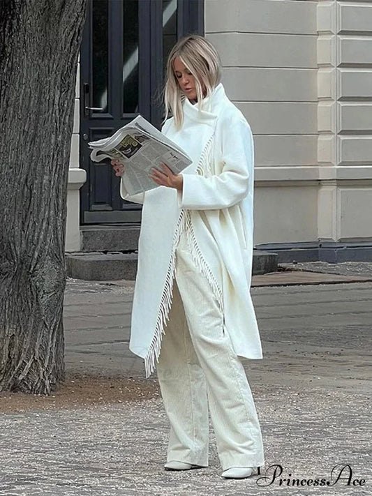 Fringe High-neck Asymmetrical Fasten Coat overcoats-241228