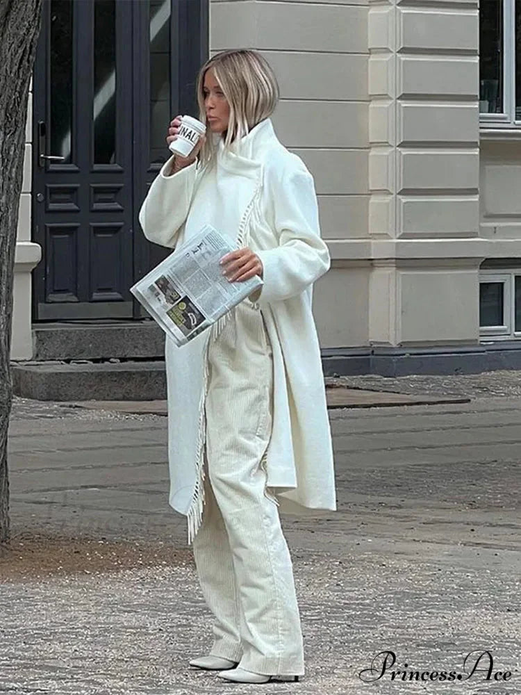 Fringe High-neck Asymmetrical Fasten Coat overcoats-241228