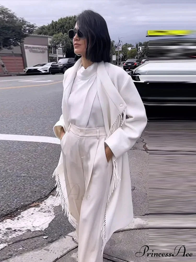 Fringe High-neck Asymmetrical Fasten Coat overcoats-241228