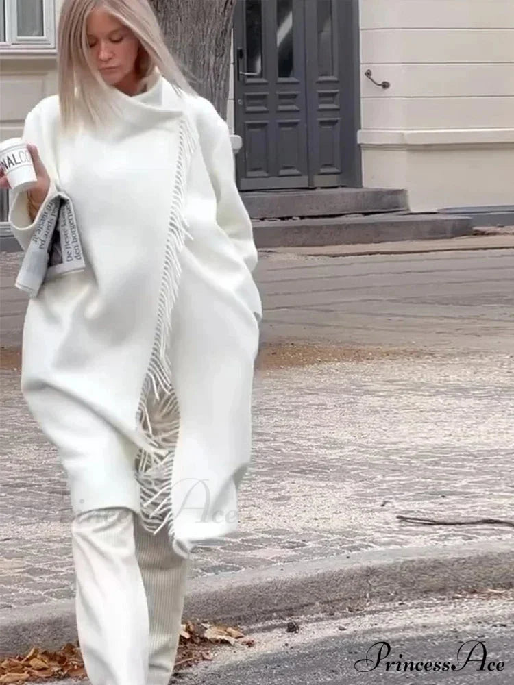 Fringe High-neck Asymmetrical Fasten Coat overcoats-241228