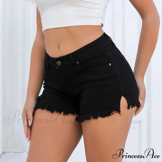 Fringe Side-Split Denim Short Black / S short-250223