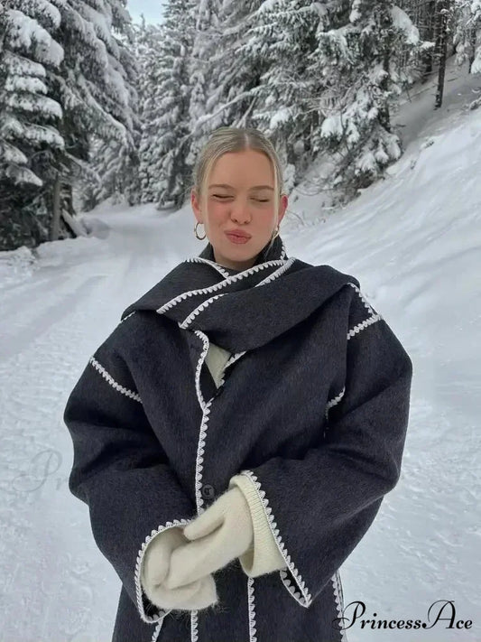 Fringes Scarf Neck Woolen Mix Coat black and white / S coats-241228