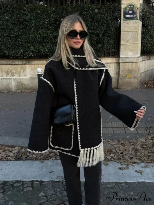 Fringes Scarf Neck Woolen Mix Coat coats-241228