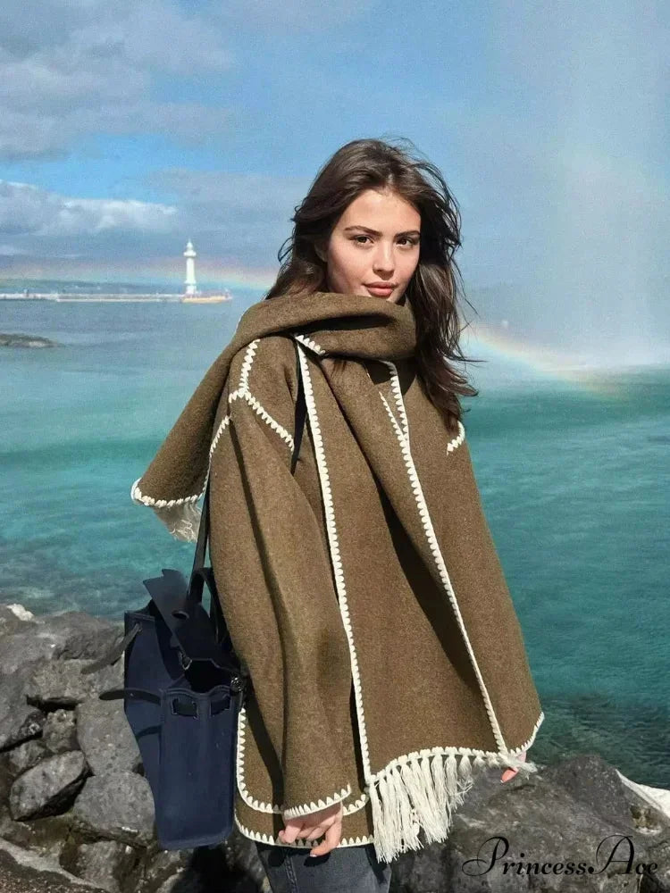 Fringes Scarf Neck Woolen Mix Coat dark brown / S coats-241228