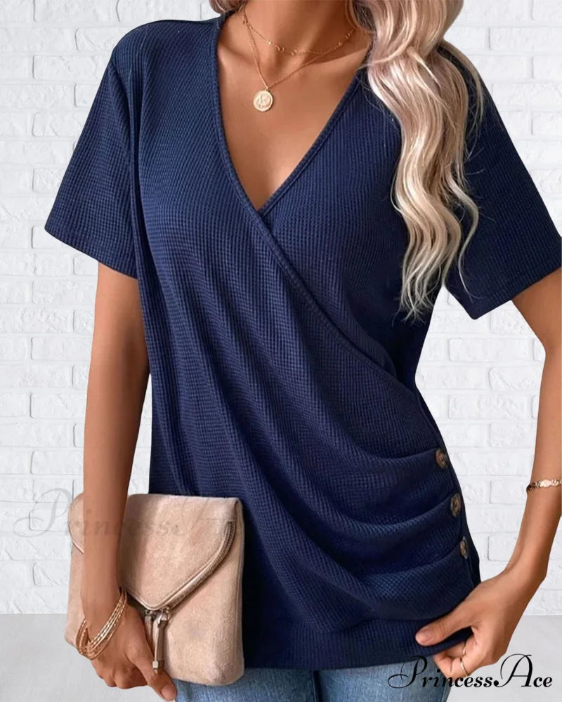 Front Cross Button Neck V T-Shirt