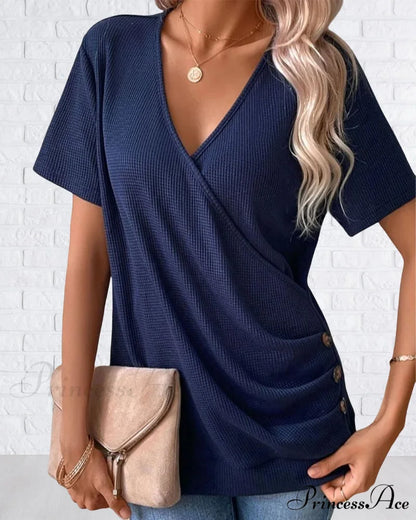Front Cross Button Neck V T-Shirt