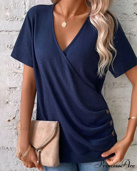 Front Cross Button Neck V T-Shirt Navy Blue / S