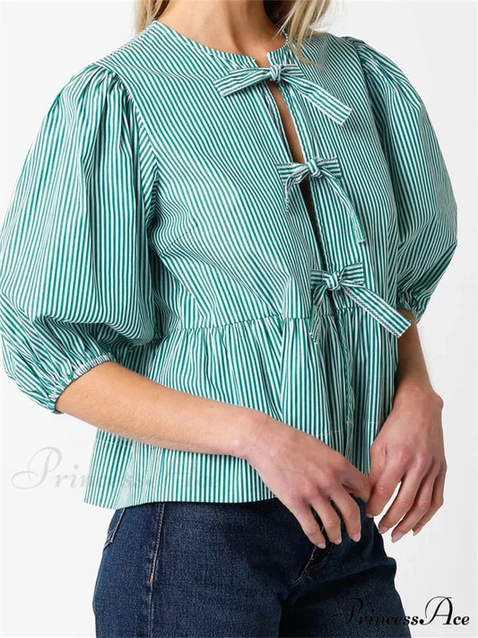Front Division Bowknot Fasten-Up Puff Sleeve Blouse blouse-250223