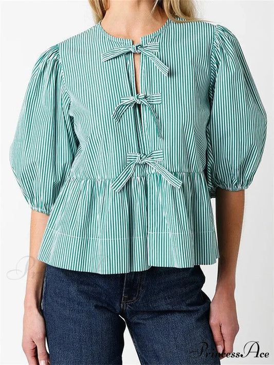 Front Division Bowknot Fasten-Up Puff Sleeve Blouse green / S blouse-250223