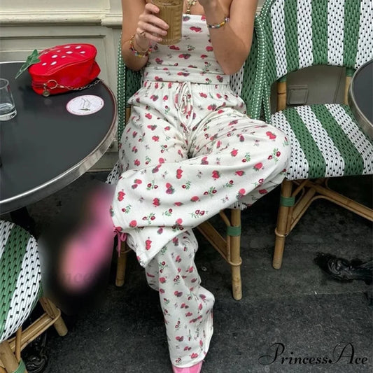 Fruit Pattern Strapless Tube Top Open Back Crop Top Pants Two Pieces Set twopiecesset-250126