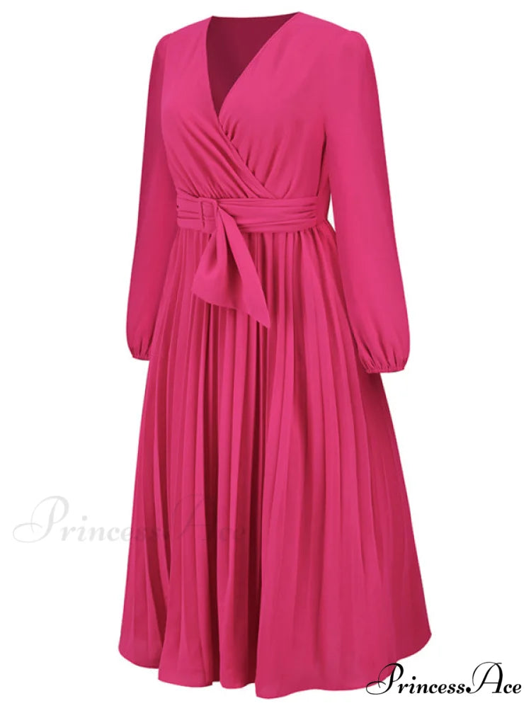 Full-Length Folded Belt Neck Long Waist Women’s at Gown and V with Faux-wrap Sleeves