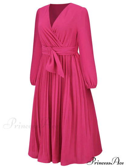 Full-Length Folded Belt Neck Long Waist Women’s at Gown and V with Faux-wrap Sleeves