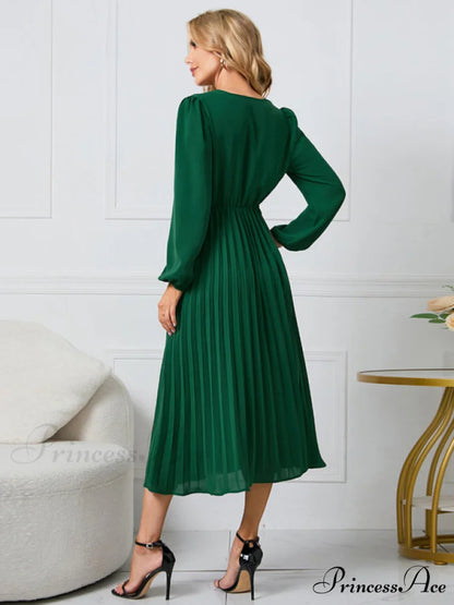 Full-Length Folded Belt Neck Long Waist Women’s at Gown and V with Faux-wrap Sleeves
