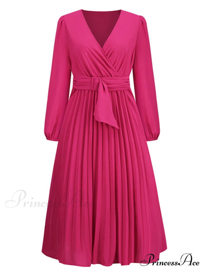 Full-Length Folded Belt Neck Long Waist Women’s at Gown and V with Faux-wrap Sleeves