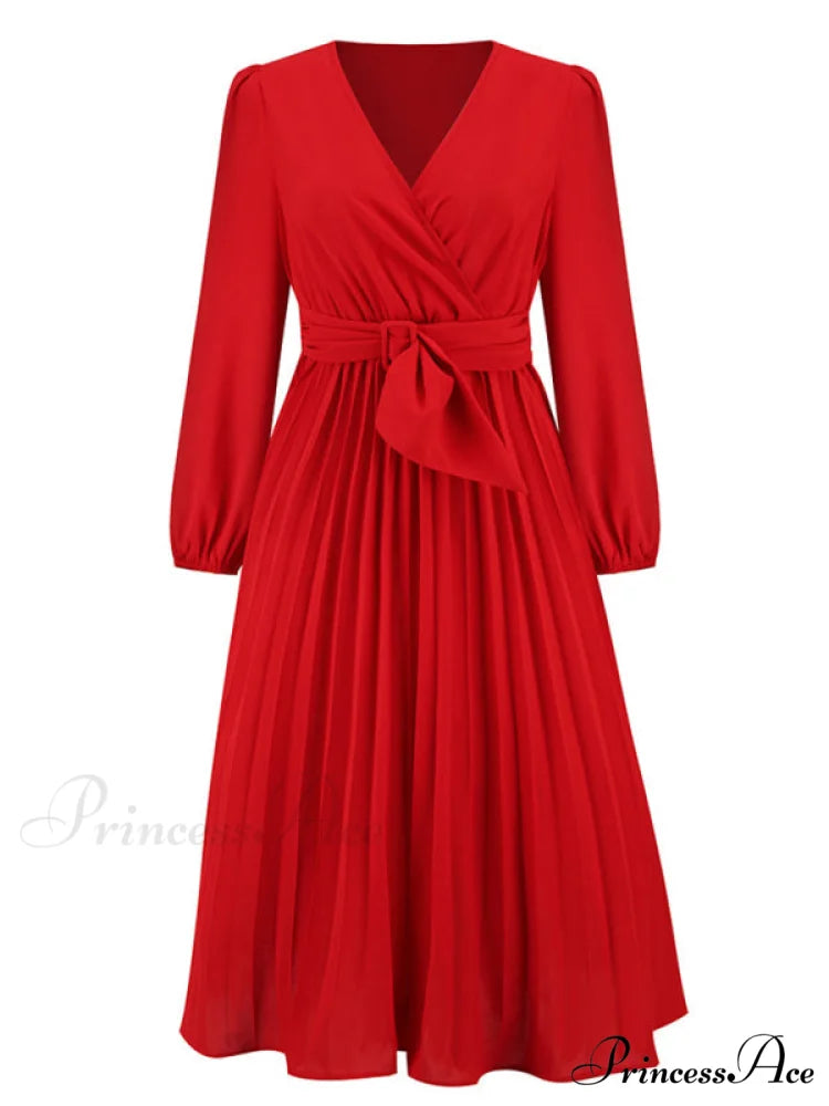 Full-Length Folded Belt Neck Long Waist Women’s at Gown and V with Faux-wrap Sleeves