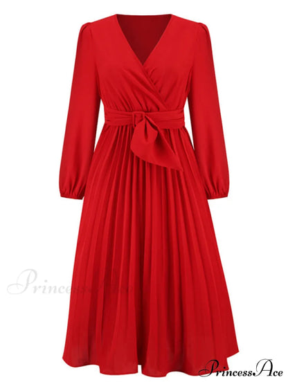 Full-Length Folded Belt Neck Long Waist Women’s at Gown and V with Faux-wrap Sleeves