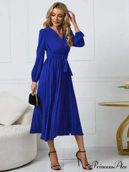 Full-Length Folded Belt Neck Long Waist Women’s at Gown and V with Faux-wrap Sleeves
