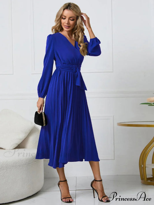 Full-Length Folded Belt Neck Long Waist Women’s at Gown and V with Faux-wrap Sleeves