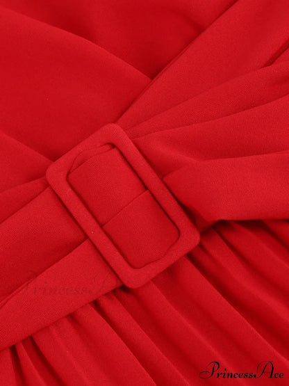 Full-Length Folded Belt Neck Long Waist Women’s at Gown and V with Faux-wrap Sleeves