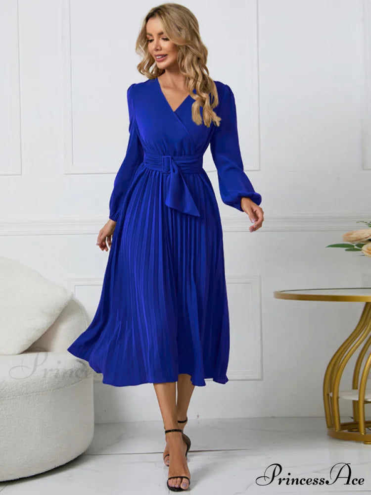 Full-Length Folded Belt Neck Long Waist Women’s at Gown and V with Faux-wrap Sleeves
