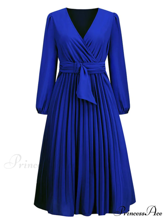 Full-Length Folded Belt Neck Long Waist Women’s at Gown and V with Faux-wrap Sleeves