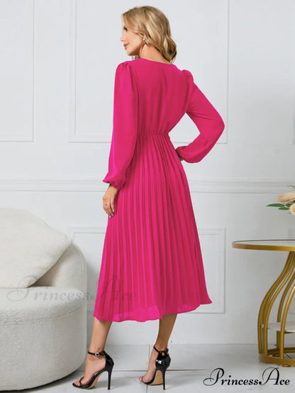 Full-Length Folded Belt Neck Long Waist Women’s at Gown and V with Faux-wrap Sleeves