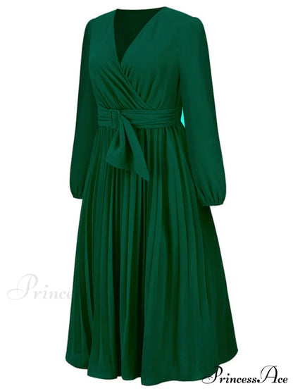 Full-Length Folded Belt Neck Long Waist Women’s at Gown and V with Faux-wrap Sleeves