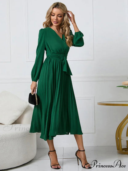 Full-Length Folded Belt Neck Long Waist Women’s at Gown and V with Faux-wrap Sleeves